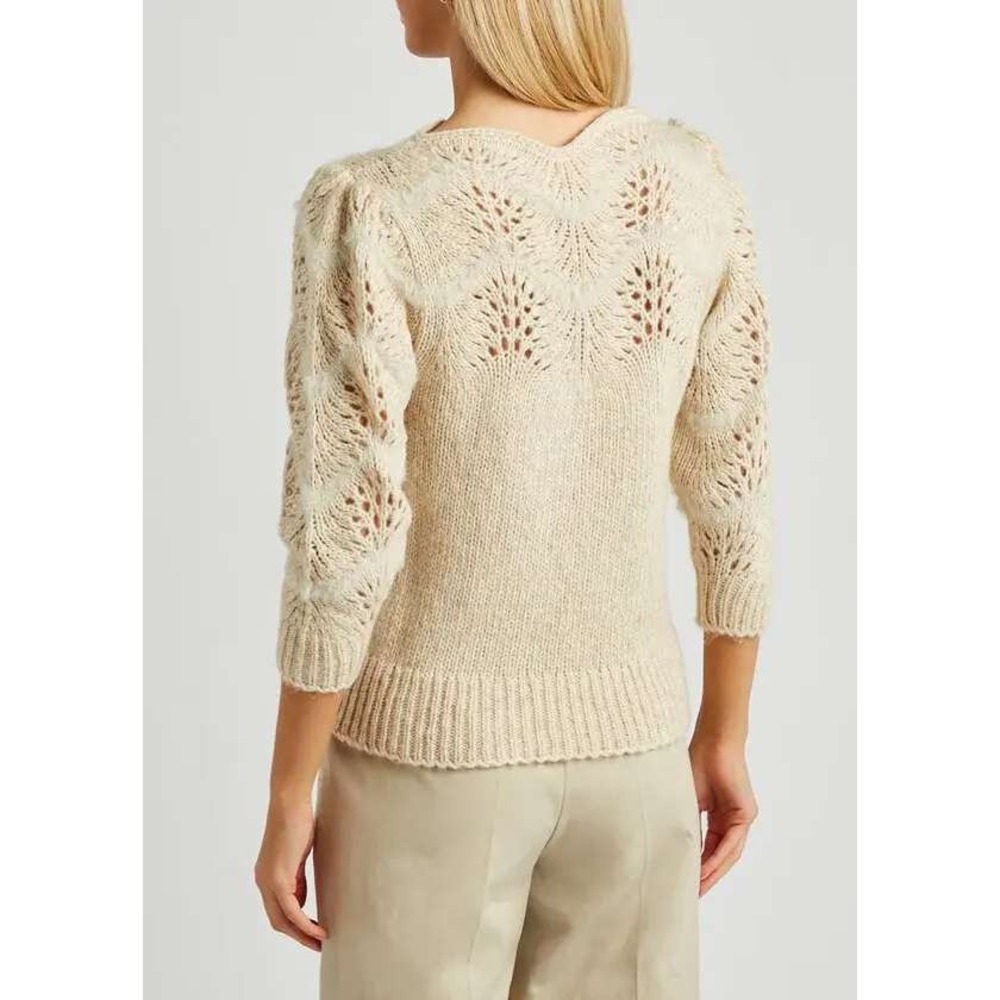 Merlette Ivory Pointelle Scalloped Chevron Knit Sweater Puff Sleeve Cream Boho - Picture 10 of 11
